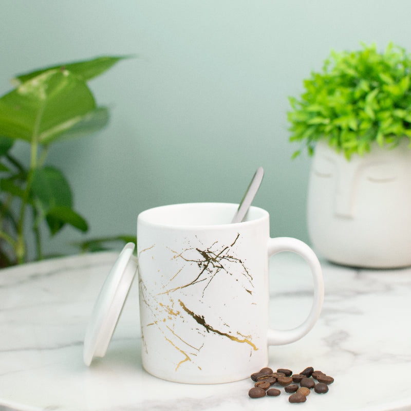 Gold Marble Print Ceramic Mug With Lid Coffee Mugs June Trading   