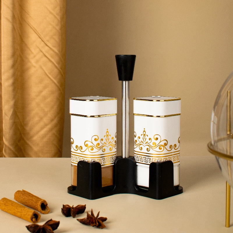 Aureate On Ivory Salt & Pepper Shaker Set & Stand Seasoning Containers The June Shop   