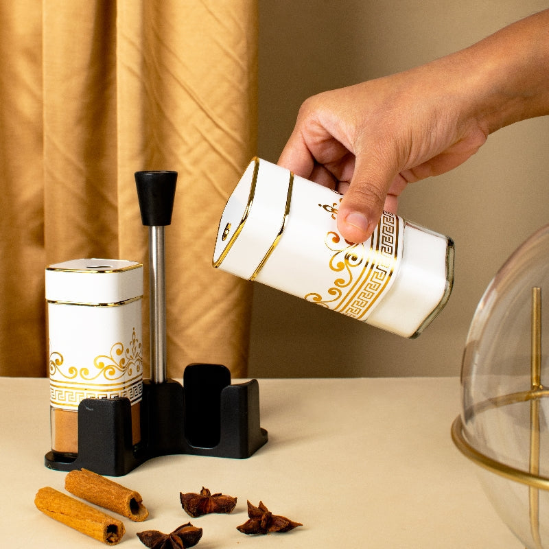 Aureate On Ivory Salt & Pepper Shaker Set & Stand Seasoning Containers The June Shop   