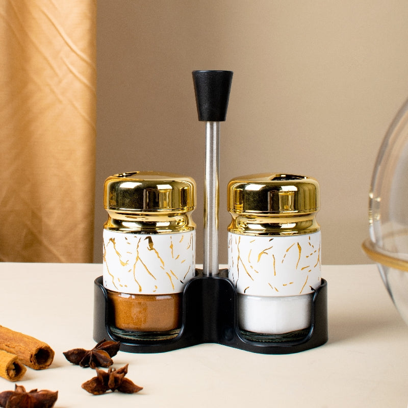 Stellar Golden Salt & Pepper Shaker Set & Stand Seasoning Containers The June Shop   