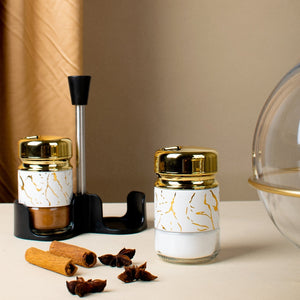 Stellar Golden Salt & Pepper Shaker Set & Stand Seasoning Containers The June Shop   