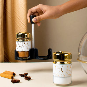 Stellar Golden Salt & Pepper Shaker Set & Stand Seasoning Containers The June Shop   