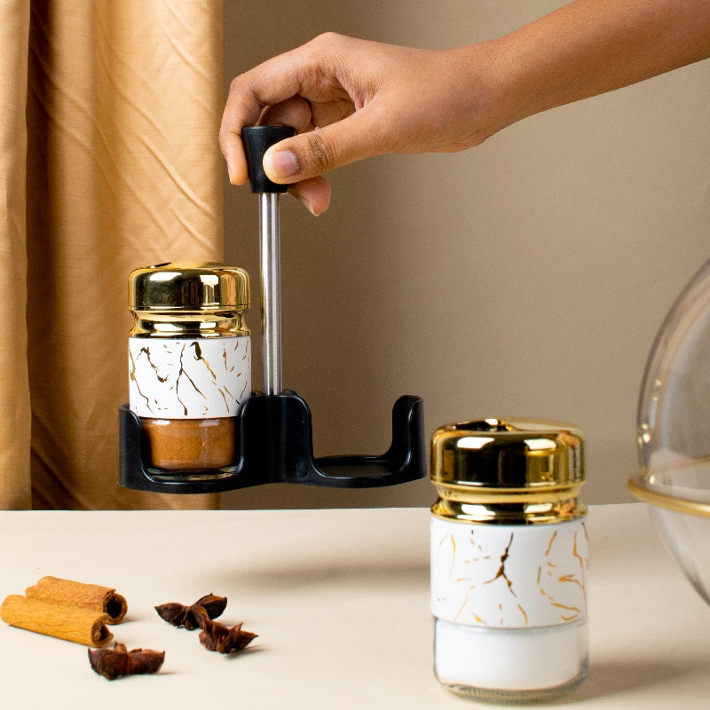 Stellar Golden Salt & Pepper Shaker Set & Stand Seasoning Containers The June Shop   