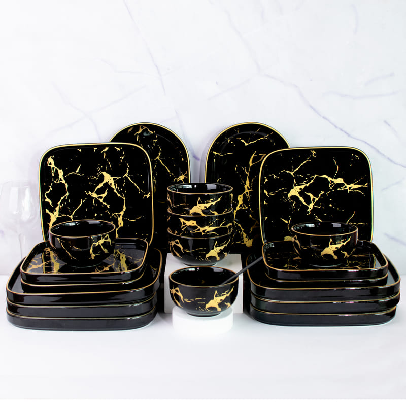 Gold On Black Marble Square 20 Pieces Dinnerware Dinner Sets June Trading   