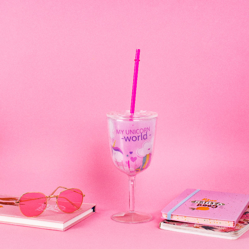 Unicorn Wine Glass with Straw Sippers June Trading Candy Pink  