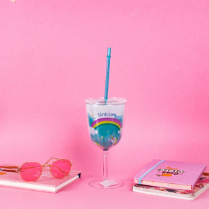 Unicorn Wine Glass with Straw Sippers June Trading Azure Blue  