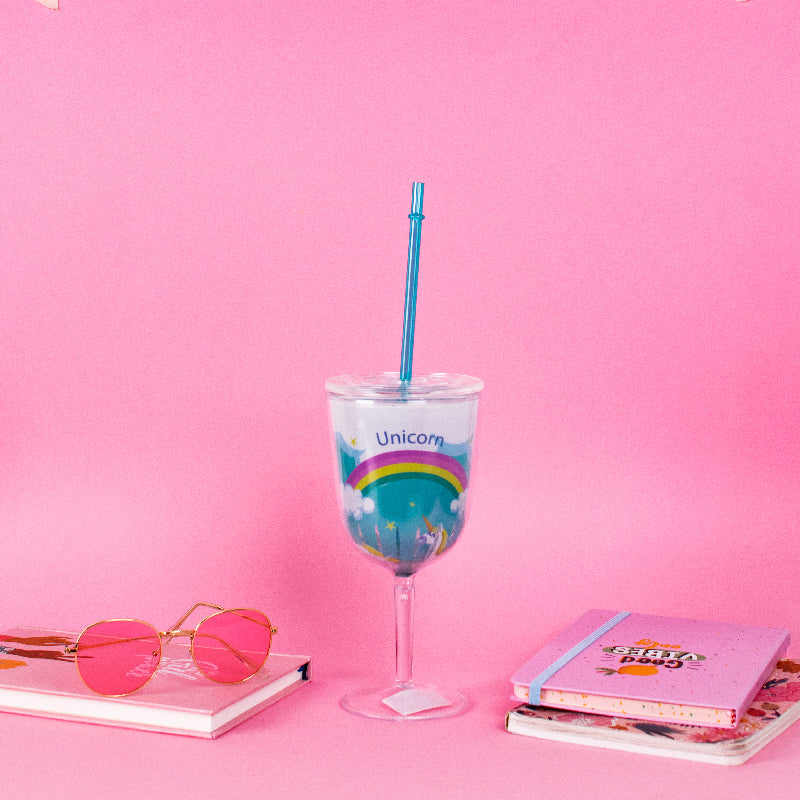 Unicorn Wine Glass with Straw Sippers June Trading Azure Blue  