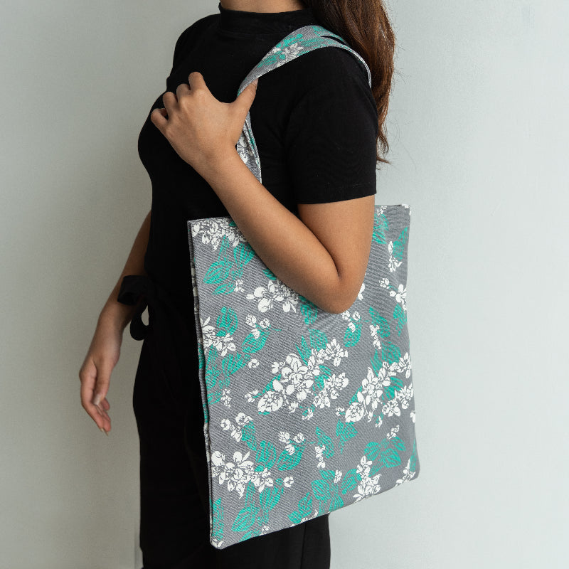 White Blossoms Grey Tote Bag Tote Bag ERL   