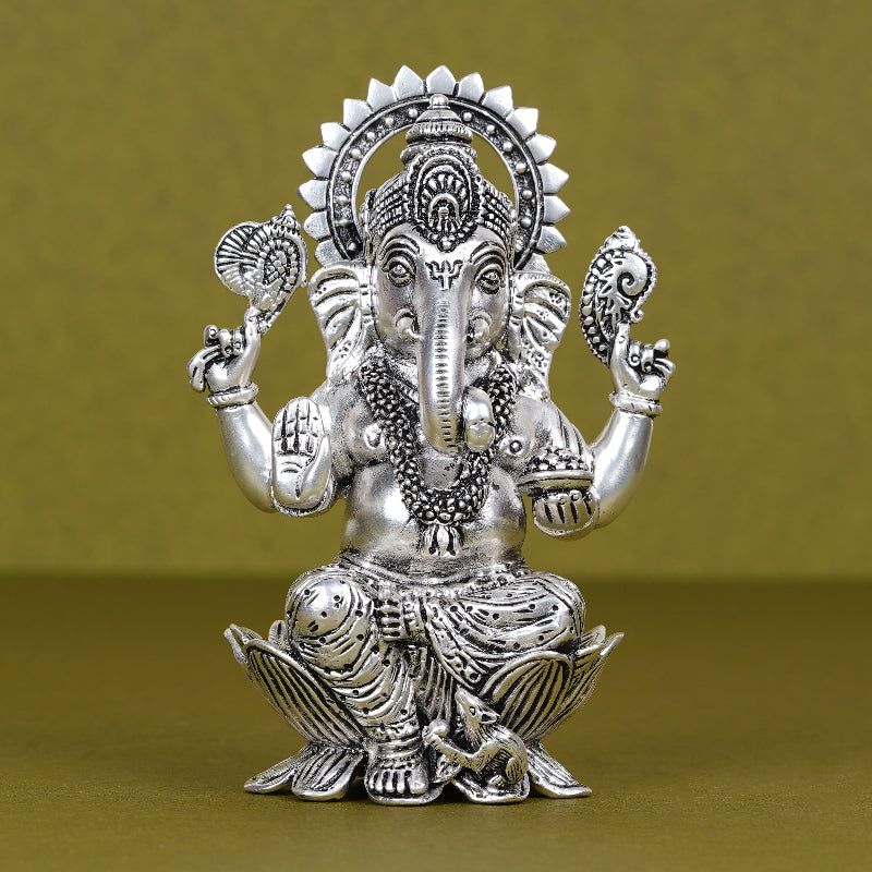 SABERA Divine Silver-Plated Ganesh Ji Idol on Lotus