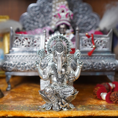 SABERA Divine Silver-Plated Ganesh Ji Idol on Lotus