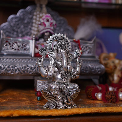 SABERA Divine Silver-Plated Ganesh Ji Idol on Lotus