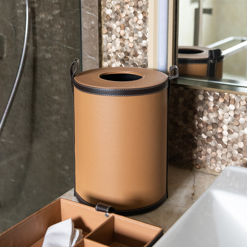 Caramel Brown Vegan Leather Storage Home Organizers Desk Organisers June Trading Desk Trash Bin  