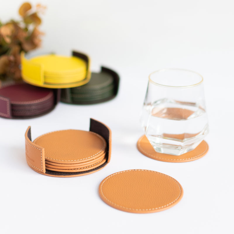 Set of 6 Leather Coasters With Holder