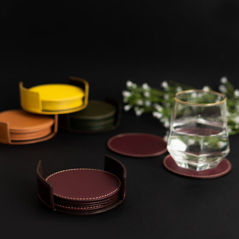 Set of 6 Leather Coasters With Holder