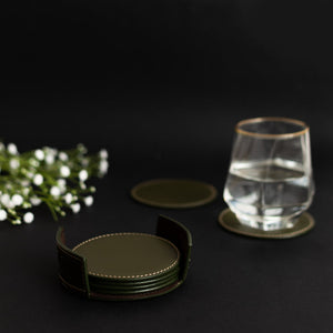 Set of 6 Leather Coasters With Holder Coasters June Trading Olive Green  