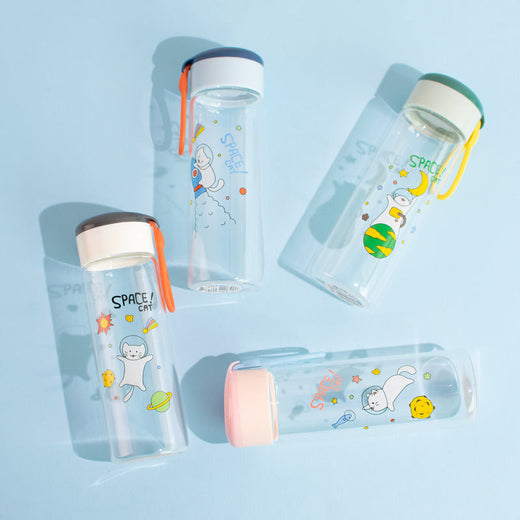 Playful Space Cat Transparent Glass Water Bottle Bottles June Trading   