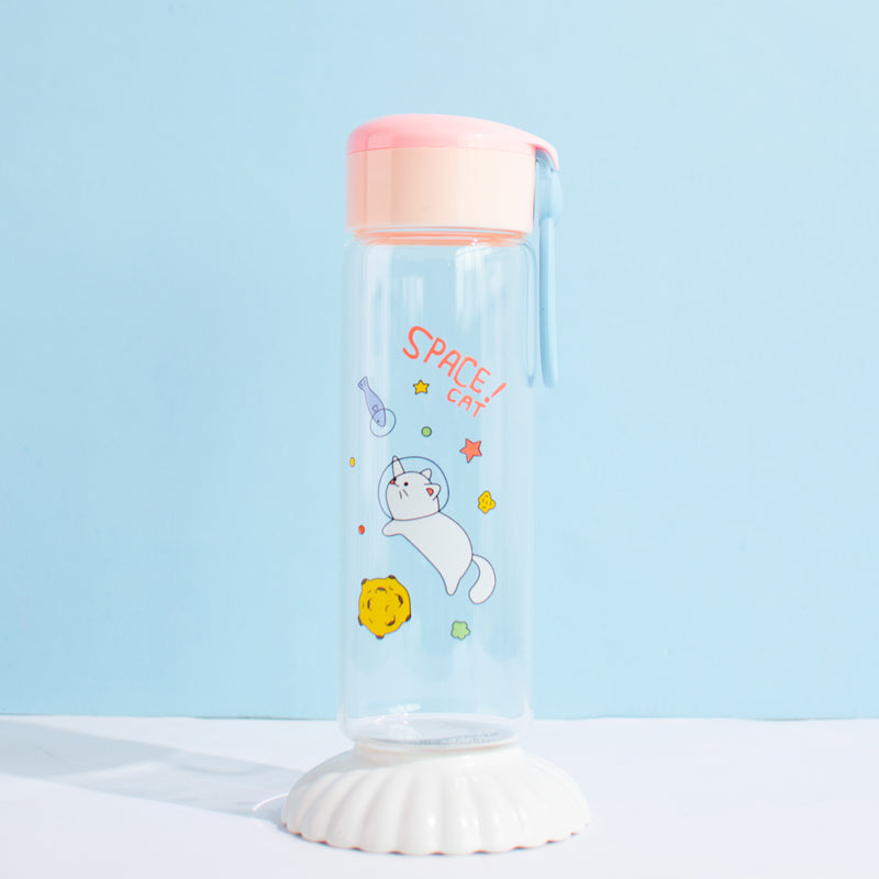 Playful Space Cat Transparent Glass Water Bottle Bottles June Trading Lemonade Pink  