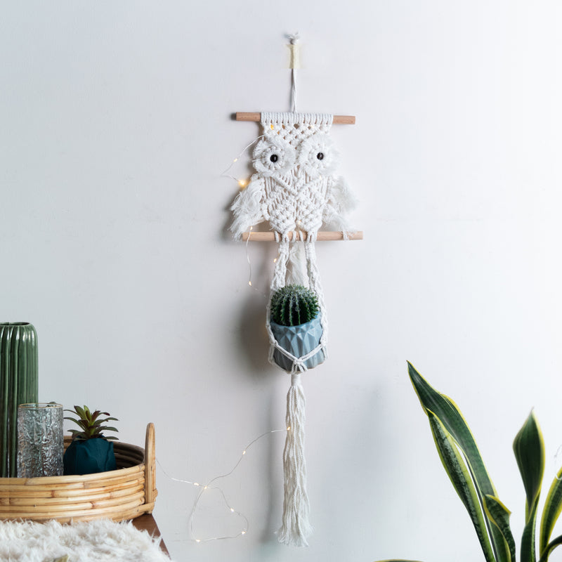 Decorative Owl Macrame Handmade Wall Hanging With Fairy Lights (Planter not included) Macrame June Trading   