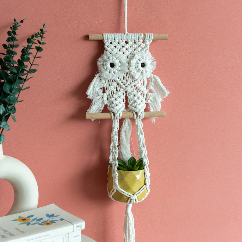 Decorative Owl Macrame Handmade Wall Hanging With Fairy Lights (Planter not included) Macrame June Trading   