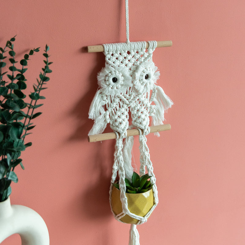 Decorative Owl Macrame Handmade Wall Hanging With Fairy Lights (Planter not included) Macrame June Trading   