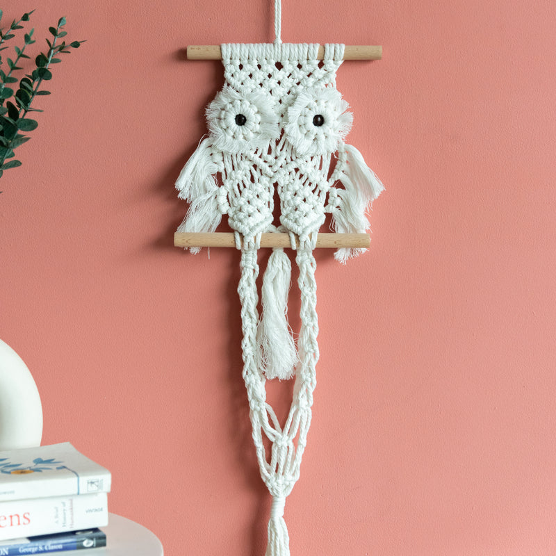 Decorative Owl Macrame Handmade Wall Hanging With Fairy Lights (Planter not included) Macrame June Trading   