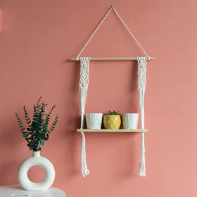 Beads & Pine Wood Macramé Wall Hanging Shelf With String Lights Macrame Shelf June Trading   