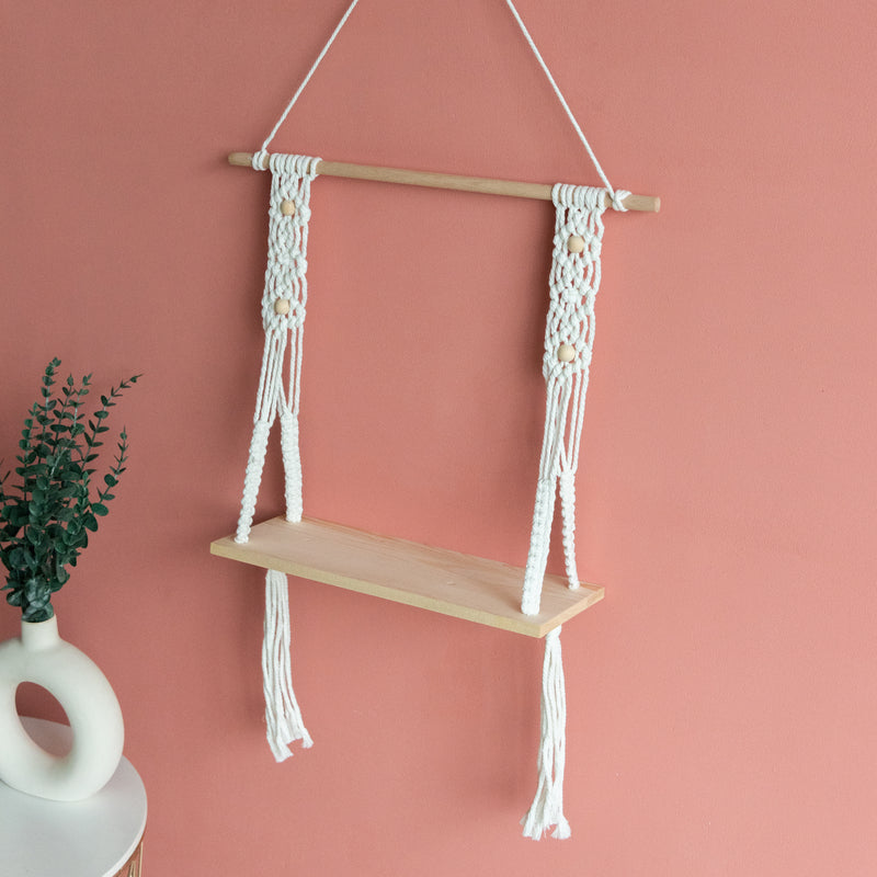 Beads & Pine Wood Macramé Wall Hanging Shelf With String Lights Macrame Shelf June Trading   