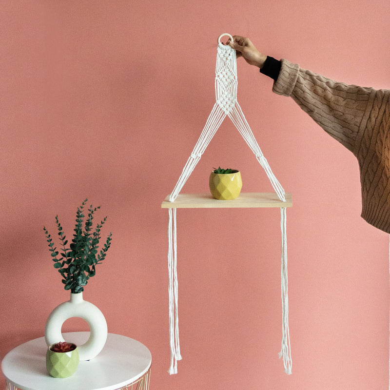 Pine Wood Macrame Wall Hanging Shelf With Fairy Lights Macrame June Trading   
