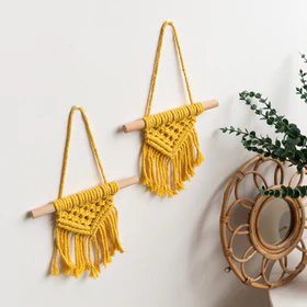 Set Of 2 Mustard Macrame Handmade Wall Hanging WIth Fairy Lights