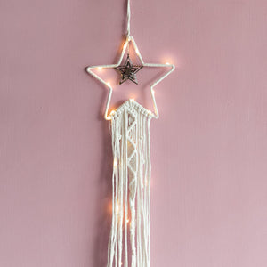 Blissful Stars Macrame Wall Hanging With Fairy Lights Macrame June Trading   