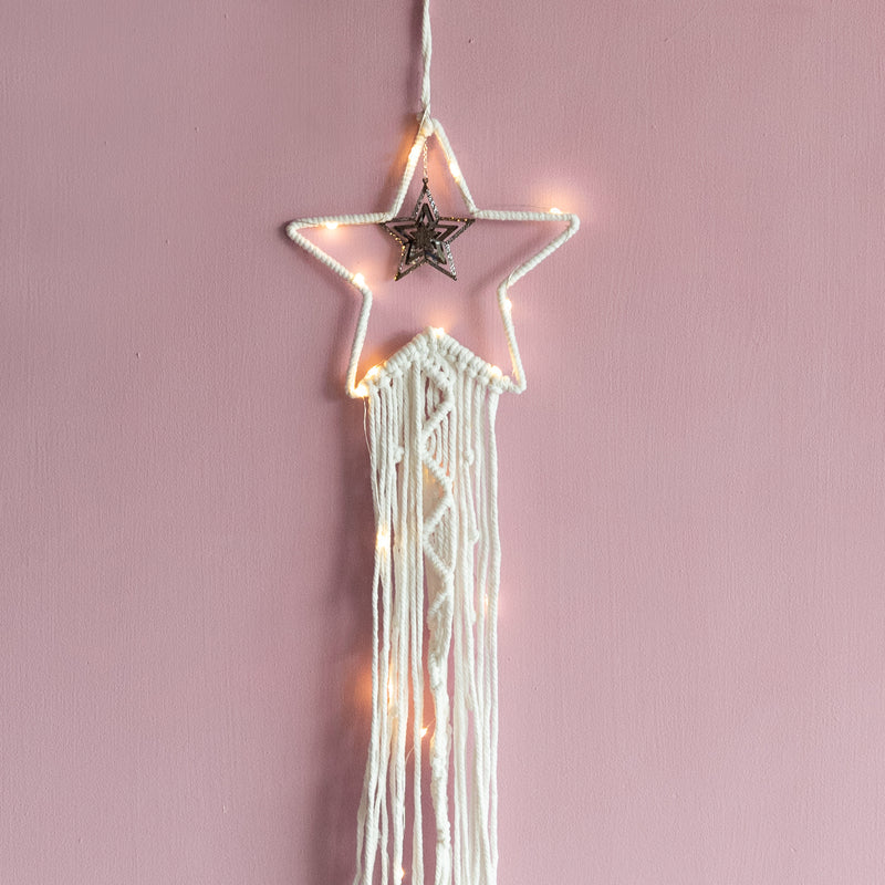 Blissful Stars Macrame Wall Hanging With Fairy Lights Macrame June Trading   