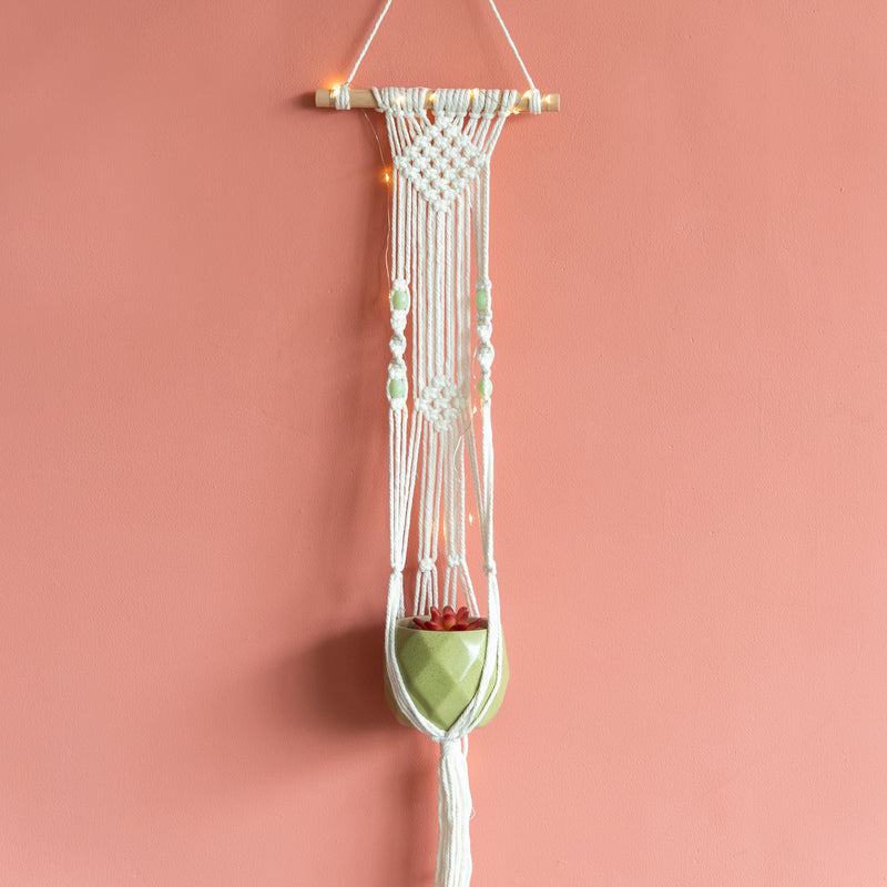 Beads & Macrame Handmade Vase Holder With Lights (Planter Not Included) Macrame June Trading   