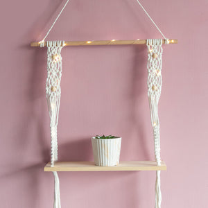 Beads & Pine Wood Macramé Wall Hanging Shelf With String Lights Macrame Shelf June Trading   