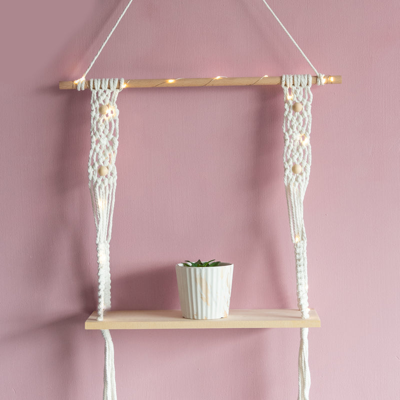 Beads & Pine Wood Macramé Wall Hanging Shelf With String Lights Macrame Shelf June Trading   