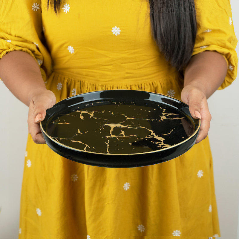 Gold On Black Marble Round Dinner Plate (9 Inches) Dinner Plates June Trading   