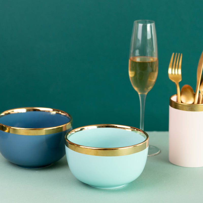 Gold Rim Cool Tone Serving Bowl Soup Bowls June Trading Sea Blue  