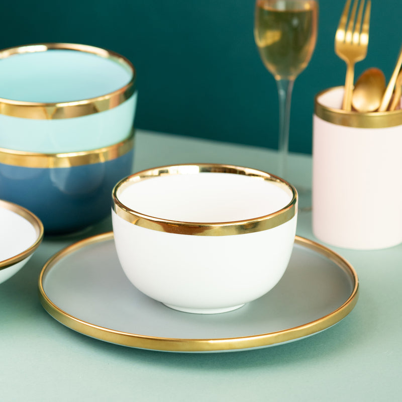 Gold Rim Cool Tone Serving Bowl Soup Bowls June Trading Pearl White  
