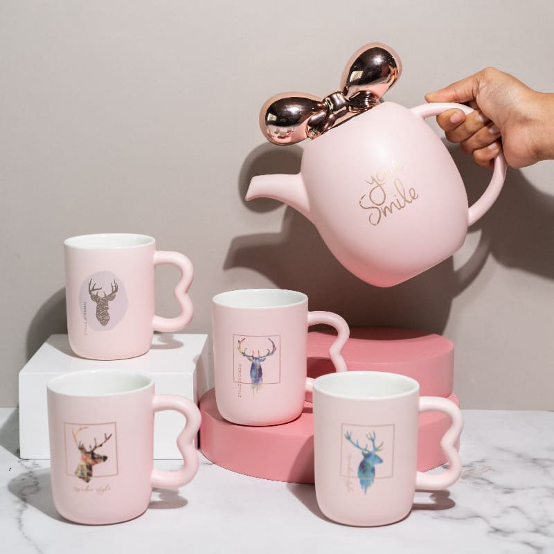 Reindeer Embellished Ceramic Tea Cup With Tea Pot Set Tea & Coffee Sets June Trading   