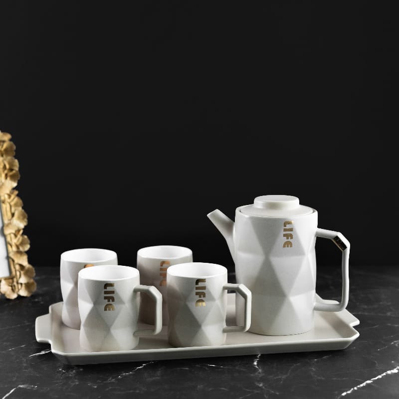 Geometrical Ceramic Tea Cup & Tea Pot Set With Serving Tray Tea & Coffee Sets June Trading 4 Cups and Kettle (with Tray)  