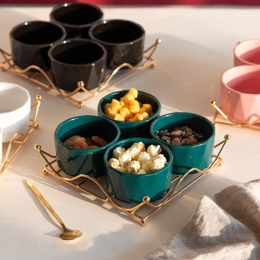 Allure Appetizer Platter With Golden Rack Serving Bowls June Trading   