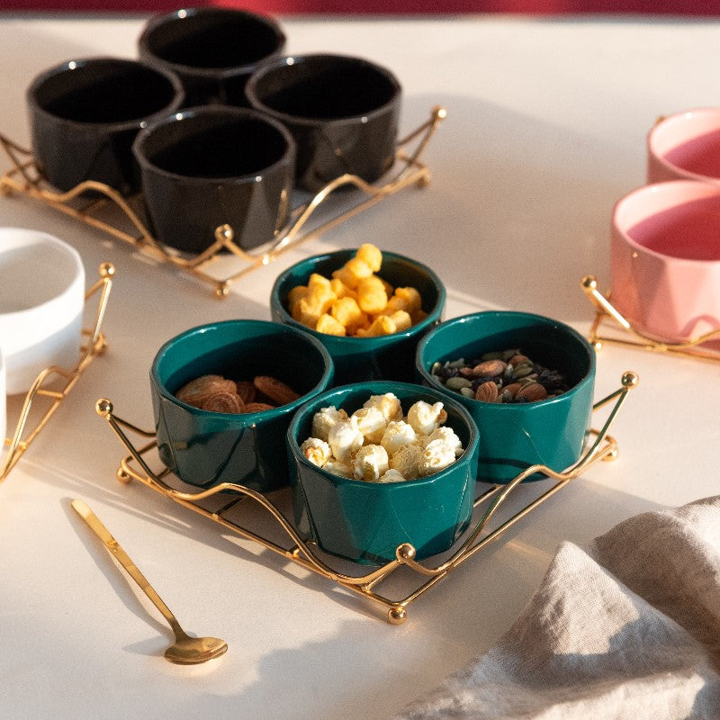Allure Appetizer Platter With Golden Rack Serving Bowls June Trading   