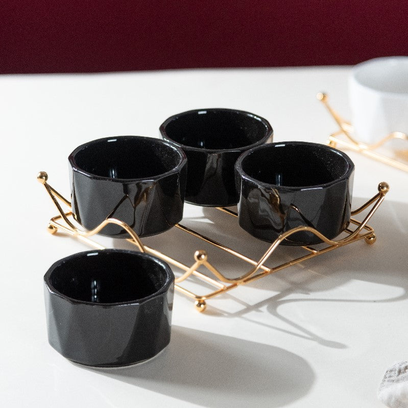Allure Appetizer Platter With Golden Rack Serving Bowls June Trading Jade Black  