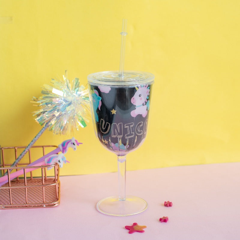 Unicorn Wine Glass with Straw Sippers June Trading Shimmer Black  
