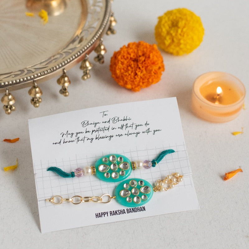 Sea Green Jadau - Traditional Rakhis For Bhaiya & Bhabhi (Set Of 2) Rakhis June Trading   