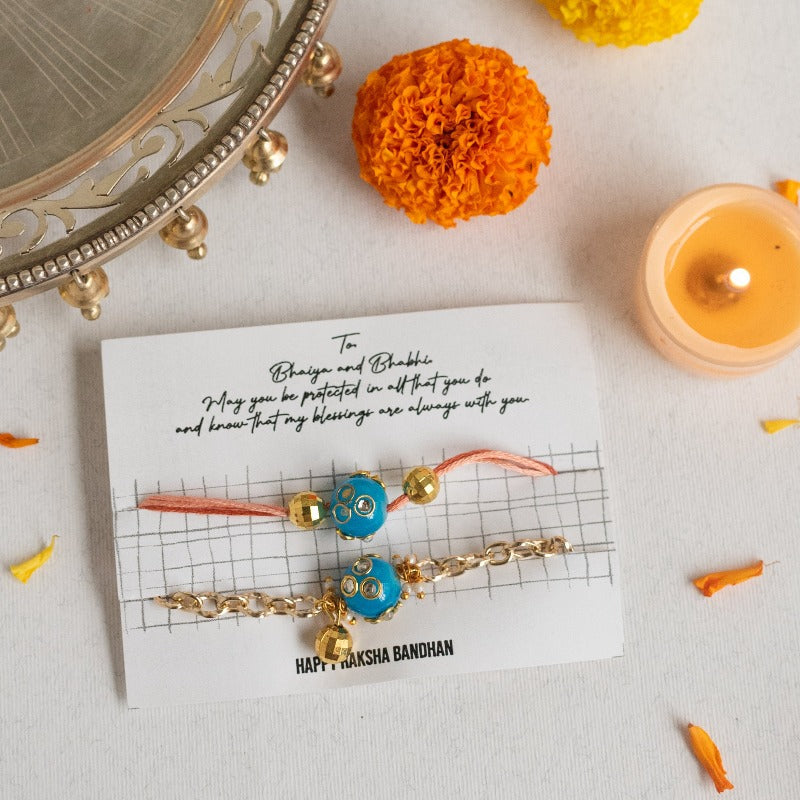 Turquoise Blue - Traditional Rakhis For Bhaiya & Bhabhi (Set Of 2) Rakhis June Trading   
