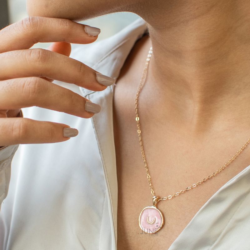 Gold Rimmed Blush Pink Moon Pendant - Necklace Necklace June Trading   