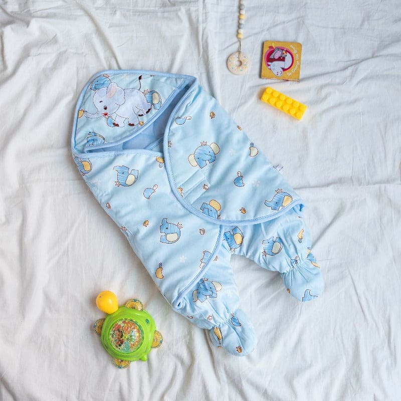 Elephant Printed & Hooded Baby Swaddle Baby Swaddle June Trading Sky Blue  