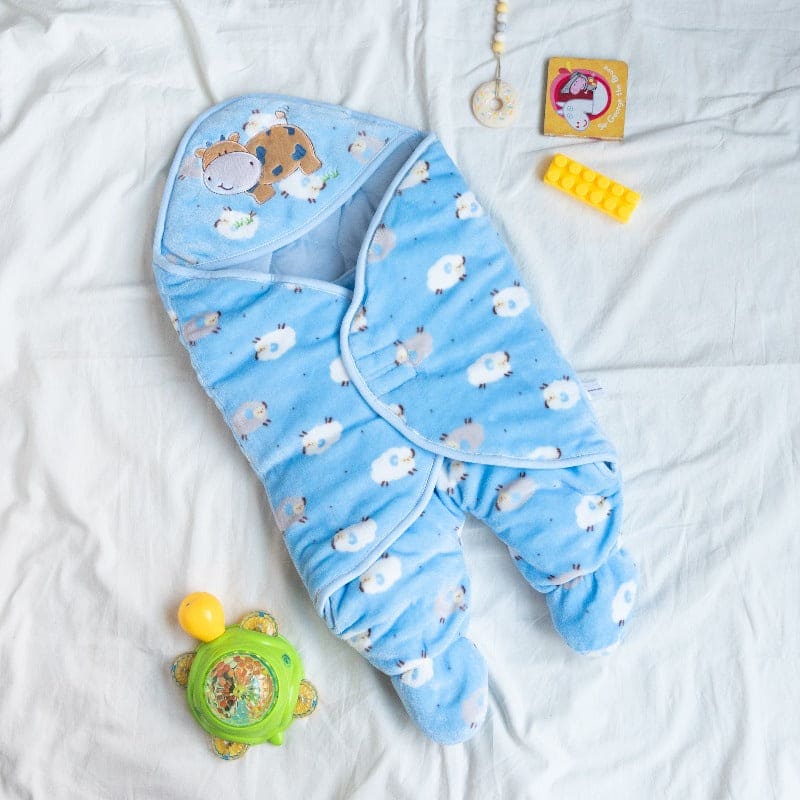 Sheep Printed & Hooded Baby Swaddle Baby Swaddle June Trading Azure Blue  