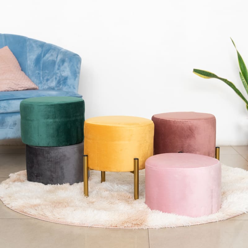 Elegant Suede Pouf With Gold Metal Stand Ottoman June Trading   