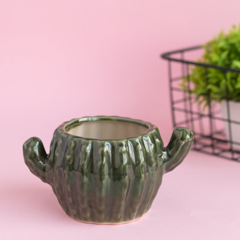 Cactus Planter - Hand Painted Mini Resin Pot Planters June Trading Olive Green  